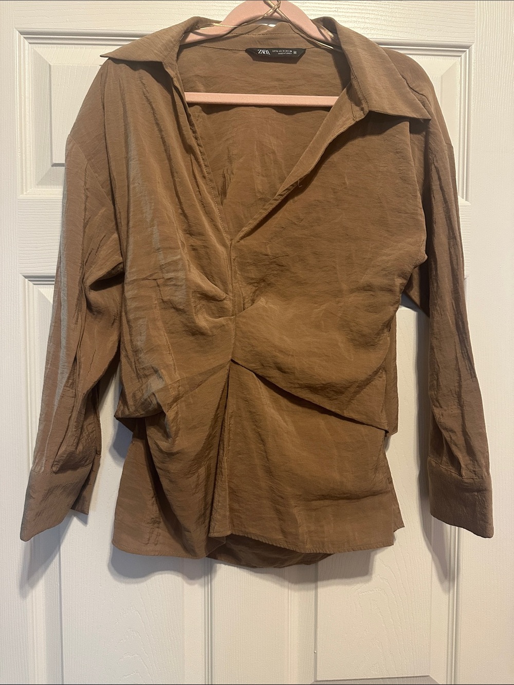 Zara Brown Draped Button-Down Blouse
